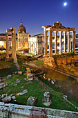 Illuminated Roman Forum at night with temple of saturn in the middle, UNESCO World Heritage Site Rome, Rome, Latium, Lazio, Italy