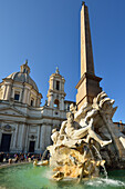 Fontana dei Quattro Fiumi, Fountain of the Four Rivers, artist Bernini, in front of church Sant´Agnese, Piazza Navona, UNESCO World Heritage Site Rome, Rome, Latium, Lazio, Italy