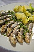 Grilled sardines with potatoe dish, Adria coast, Mediterranean Sea, Primorska, Slovenia
