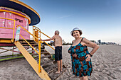 Senior couple at Lifeguard Hut, South Beach, Miami, Florida, USA