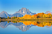 Wyoming, Grand Teton National Park, Landscape of Oxbow Bend on Snake River, Mount Moran in distance.