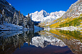 Colorado, Near Aspen, Landscape of Maroon Lake and on Maroon Bells in distance, Early snow.