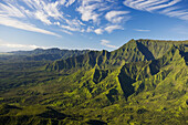 Hawaii, Kauai, Aerial scenic of lush mountains, valleys, ridges, plateaus.