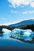Alaska, Tongass National Forest, Tracy Arms Terror Wilderness, Kayaker passing through icebergs.