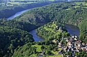 France, Creuse (23), Crozant, village situated in a bend of the Creuse and Sédelle, and culminates with the remains of a medieval castle, (aerial photo)
