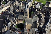 France, Aveyron (12), Saint-Come-Olt, village labeled one of The Most Beautiful Villages of France, located on the path of pilgrimage of Saint Jacques de Compostella, church steeple with a twisted, (aerial photo)