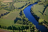 France, Hérault (34), the Hérault River, and the vineyards of Languedoc landscape (aerial photo)