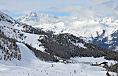At Pila ski resort over Aosta with Mont Blanc Massif, Aosta Valley, Italy