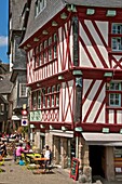 Medieval half timbered houses, Cafes, old town, Morlaix 29, Finistere, Brittany, France
