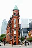 Downtown city life Toronto Ontario Canada Flat Iron Building Gooderham Building