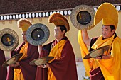 China, Qinghai, Amdo, Tongren Rebkong, Monastery of Gomar Guomari Si, Losar New Year festival, Cymbal players