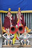China, Qinghai, Amdo, Tongren Rebkong, Monastery of Gomar Guomari Si, Losar New Year festival, Young novices blowing telescoping trumpets