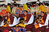 China, Gansu, Amdo, Xiahe, Monastery of Labrang Labuleng Si, Losar New Year festival, Cham dances, Cymbal players