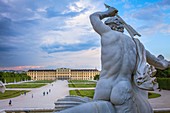 Schönbrunn Palace and gardens from Neptune fountain, Vienna, Austria, Europe