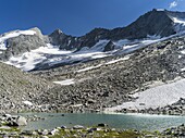 The Reichenspitz Mountain Range in the Zillertal Alps in the National Park Hohe Tauern  Mount Gabler, Mount Reichen Spitze and Mount Wild Gerlos Spitze with the glacier Wildgerlos Kees  The National Park Hohe Tauern is protecting a high mountain environme