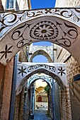 Xysta on the houses of Pygri, geometic patterned decorations in black and white that adorn the houses of the Mastic Villages of southern Chios dating back to the period Genoses rule  Mastichochoria area of Chios Island, Greece