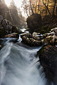 Sonnenstrahlen dringen durch den Morgennebel über dem Fluss Savica und den Felsen im Bachbett, Gorenjska, Slowenien