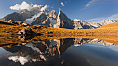 Setting sun above a  mountain lake with the reflection of the Mont Blanc from the Italian mountain side in autumn, Courmayeur, Valle d'Aosta, Italy