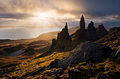 Impressive sunrise above the famous rock formation Old Man of Storr on the northern end of the Isle of Skye, Scotland, United Kingdom