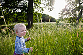 Boy (2 years) walking through a meadow along the river Mulde, Grimma, Saxony, Germany