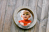 Junge (2 Jahre) schaut durch ein Loch in einer Holzwand, Bad Oeynhausen, Nordrhein-Westfalen, Deutschland