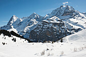 Winterlandschaft mit Mönch Eiger und Jungfrau, Mürren, Berner Oberland, Kanton Bern, Schweiz
