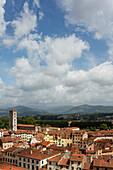 View from Torre Guinigi, tower, Piazza dell Anfiteatro square, Basilica di San Frediano, romanesque church, historic centre of Lucca, UNESCO World Heritage Site, Lucca, Tuscany, Italy, Europe