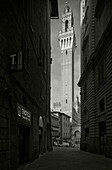 Blick zum Piazza del Campo, Il Campo, Platz, Torre del Mangia, Turm, Palazzo Pubblico, Rathaus, Siena, UNESCO Weltkulturerbe, Toskana, Italien, Europa