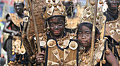 Two children with black smeared faces, Ati Atihan Festival, Kalibo, Aklan, Western Visayas Region, Panay Island, Philippines