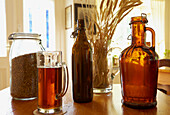 Bottles of beer in the brewery, Marienstatter Brauhaus, Still life, Abtei Marienstatt, Nistertal, Streithausen, Westerwald, Rhineland-Palatinate, Germany, Europe