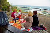 Women having a picnic on top of the Erpeler Ley, Erpel, Rhine, Rhineland-Palatinate, Germany, Europe