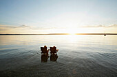 Two boys sitting in folding chairs in lake Starnberg, Bavaria, Germany
