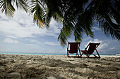 Zwei Liegestühle am Strand, Biyadhoo Island, Süd-Male-Atoll, Malediven