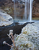 Ice and frost at the Seljalandsfoss waterfall, South Iceland, Iceland
