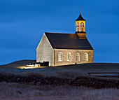 Hvalneskirkja church at dusk, Reykjanes, Island