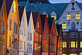 Historical wooden house facades at dusk, Bergen, Hordaland