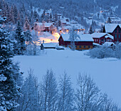 Winterlandschaft im Abendlicht, Oppheim, Hordaland, Norwegen