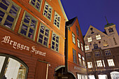 Historical wooden facades in Bergen in the evening light, Bergen, Hordaland, Norway