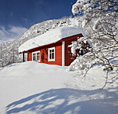 Snowy hut in a winter landscape, Myrkdalen, Hordaland, Norway