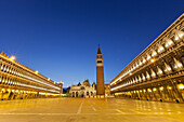 Campanile and St Marks Square at night, San Marco, Venice, Italy