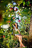 Junge Frau sitzt in einem Apfelbaum, Steiermark, Österreich