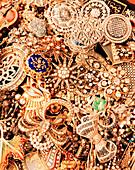 TURKEY, Istanbul, full frame of antique golden jewelry at the Grand Bazaar.