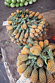 Brazil, Manaus, pineapples and watermelons being sold at the Manaus market