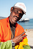 USA, California, Malibu, portrait of a local at Surfrider Beach, the Malibu Pier