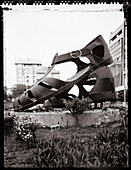 ERITREA, Asmara, Sandals monument in Shaida Square Asmara, dedicated to the Eritrean soldiers who defeated the Ethiopians in a war that lasted for decades (B&W)
