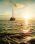 ECUADOR, Galapagos Islands, scenic view of ship sailing on the Pacific, Espanola Island