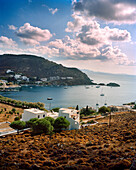 GREECE, Patmos, Grikos, Dodecanese Island, elevated view of Grikos Bay and the Agean Sea, as seen from the Petra Hotel
