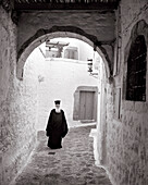 GREECE, Patmos, Chora, Dodecanese Island, portrait a resident monk at the Abbot of St. John’s Monastery (B&W)