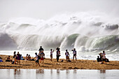 USA, Hawaii, Oahu, the North Shore, people watching enormous shorebreak and distant waves at Waimea Bay