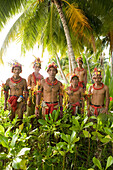 INDONESIA, Mentawai Islands, Kandui Resort, group of male healers from the Sakobou tribe